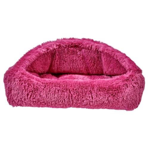 Canopy Cozy Burrow Dog Bed with covered top and plush bolsters in Cherry Blossom fux fur fabric