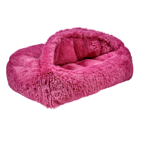 Luxury faux fur cave-style dog bed with scooped front entry in Cherry Blossom faux fur fabric