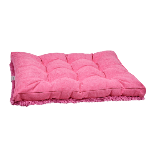 Dream Futon reversible dog bed in Cherry Blossom faux fur and Flamingo microvelvet shown with faux fur side down
