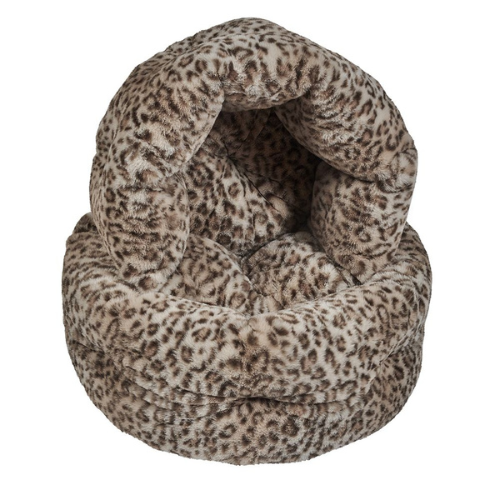 Leopard Muffy Fluffy Faux Fur Cozy Nesting Burrow Dog Bed Both Sizes Stacked