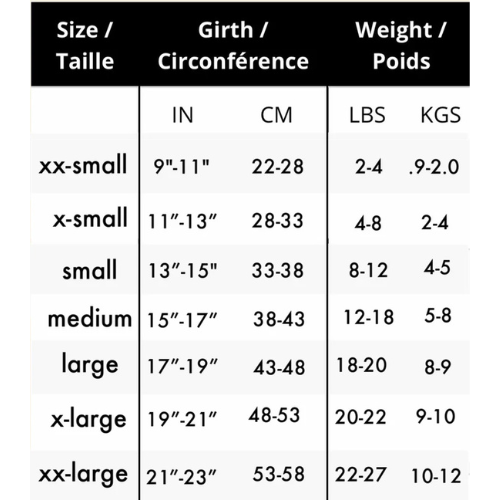 Canine Styles Soft Leather Step-In Harness and Nylon Lead Set — Size Chart
