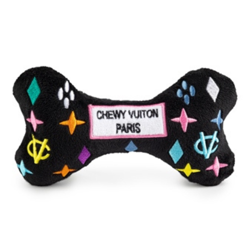 Haute Diggity Dog Black Monogram Chewy Vuiton Bone Designer Plush Dog Toy Front View