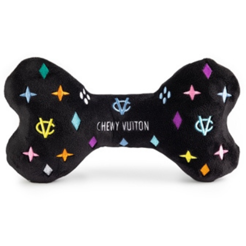 Haute Diggity Dog Black Monogram Chewy Vuiton Bone Designer Plush Dog Toy Back View