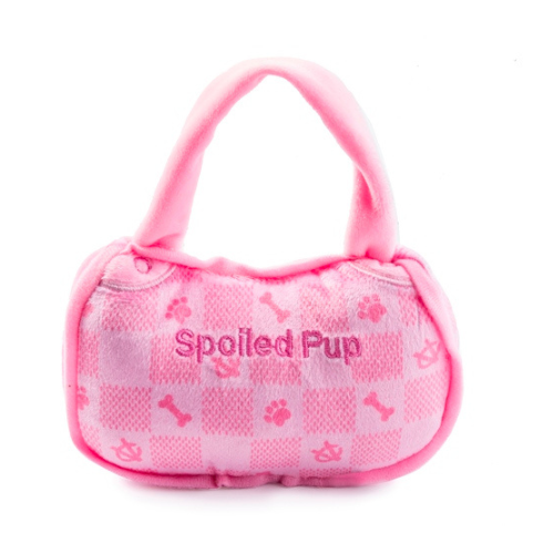 Haute Diggity Dog Pink Checker Chewy Vuiton Bag Designer Plush Dog Toy Back View