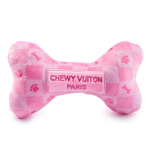 Haute Diggity Dog Chewy Vuiton Pink Checker Bone Designer Plush Dog Toy Front iew