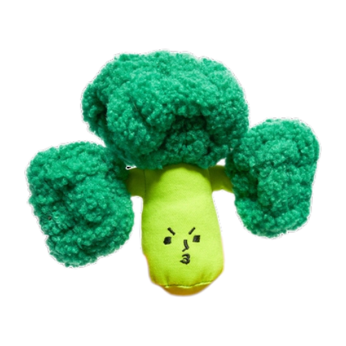 Broccoli-shaped dog toy with treat pockets and squeaker for nosework play