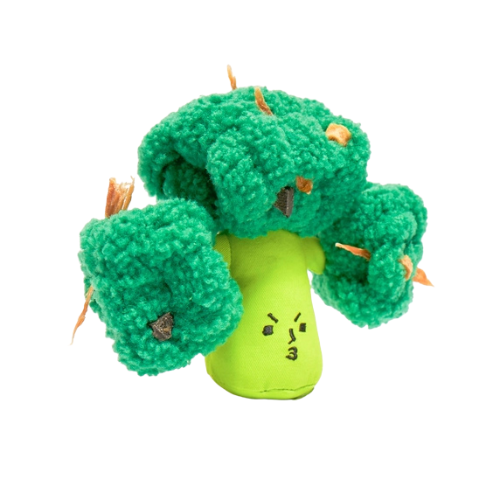 Broccoli-shaped dog toy with knotted floret treat-hiding pockets shown holding treats for nosework play