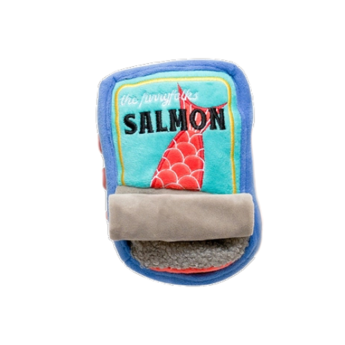 Interactive dog toy shaped like a salmon can that has a removeable piece of salmon toy with treat-hiding compartments