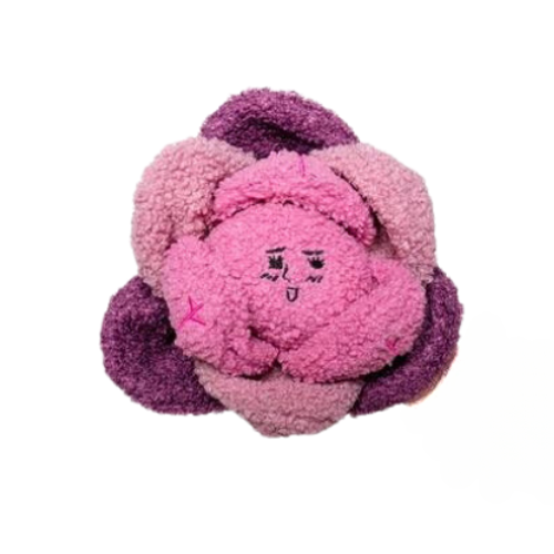 Red cabbage dog toy with treat-hiding layers, crinkle paper, and squeaker