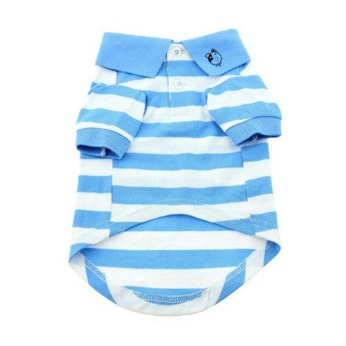 Doggie Design Striped Polo Style Collared Dog Shirt Blue Niagra and White