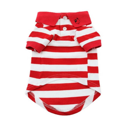 Doggie Design Striped Polo Style Collared Dog Shirt Flame Scarlett Red and White