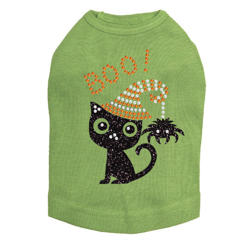 Dog In The Closet Boo! Black Cat with Spider Halloween Dog Tank Shirt Lime Green