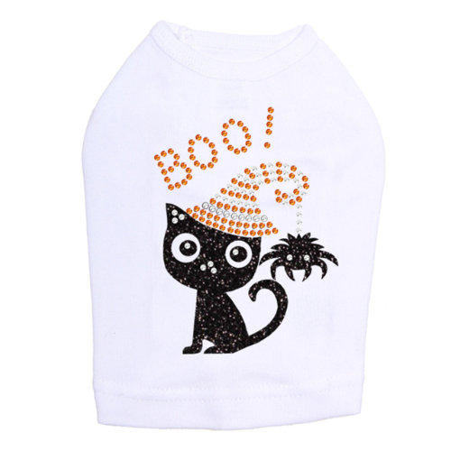 Dog In The Closet Boo! Black Cat with Spider Halloween Dog Tank Shirt White