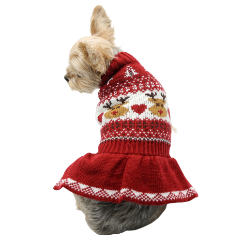 Dogo Pet Fashions Reindeer Fair Isle Sweater Dress — Back View on Dog