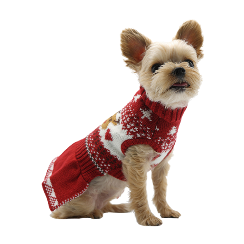 Dogo Pet Fashions Reindeer Fair Isle Sweater Dress — Side View on Dog