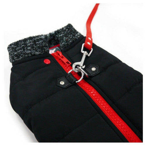 Dogo Pet Fashions Black Runner Winter Dog Coat Close up View Leash Attached