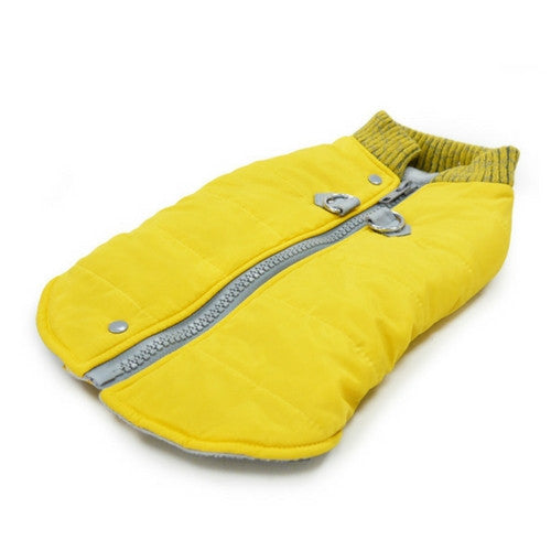 Dogo Pet Fashions Yellow Athletic Runner Winter Dog Coat Laying Flat View