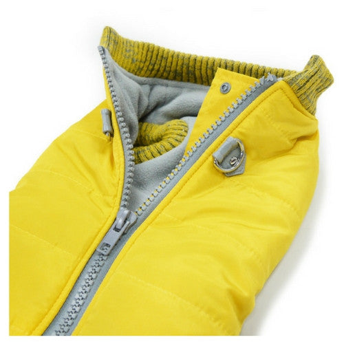 Dogo Pet Fashions Yellow Athletic Runner Winter Dog Coat Close up View