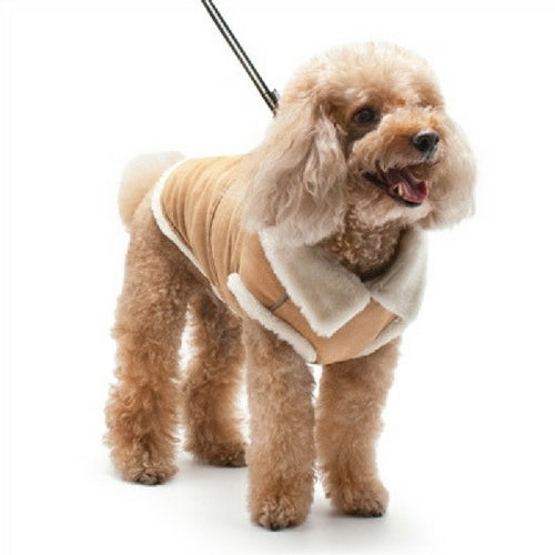 Dogo Pet Fashions Furry Brown Vintage Athletic Runner Winter Dog Coat on Dog