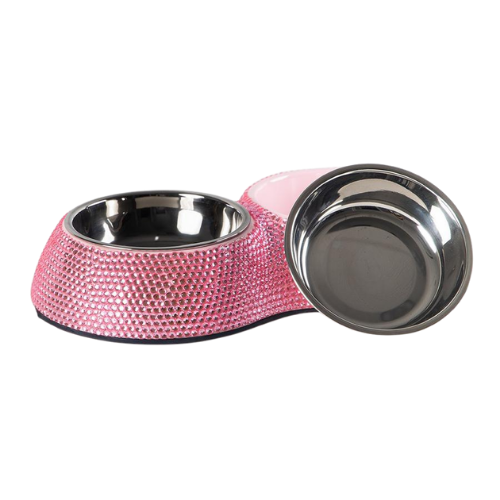 Hello Doggie Crystal Double Dog Bowl Diner — Pink