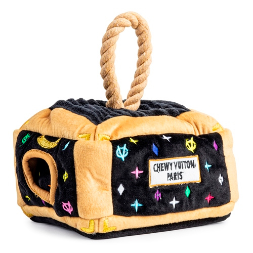 Haute Diggity Dog Black Monogram Chewy Vuiton Trunk Interactive Toy — Truck Angle View