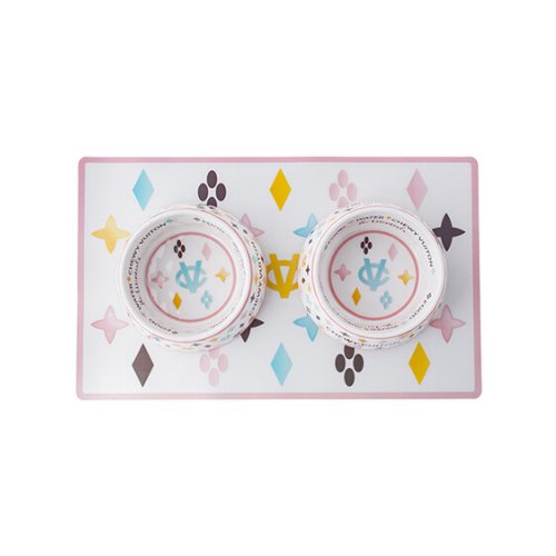 Haute Diggity Dog Chewy Vuiton Dog Bowls and Placemat Dining Set Top View