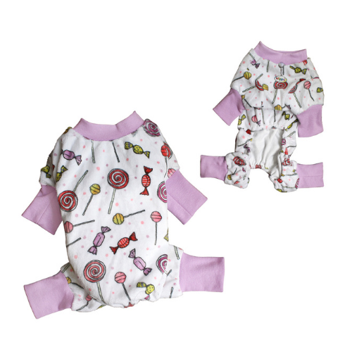 Klippo Pet Minky Stretch Four-Legged Dog Pajamas — Sweet Candies Front and Back Views