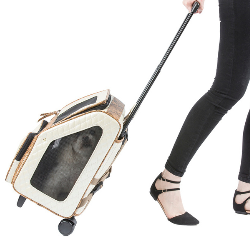 PETOTE Rio Roller Bag Dog Travel Carrier — Ivory Quilted Faux Leather Roller View