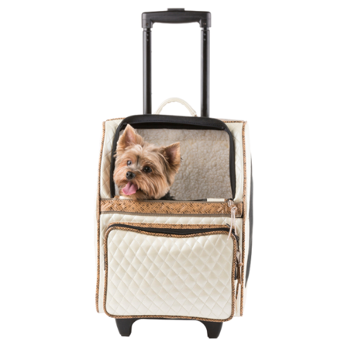 PETOTE Rio Roller Bag Dog Travel Carrier — Ivory Quilted Faux Leather Front View with Dog