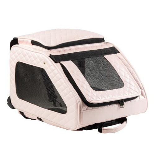 PETOTE Rio Roller Bag Dog Travel Carrier — Pink Quilted Faux Leather Laying on Side View