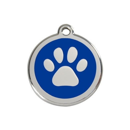 Red Dingo Paw Print Enamel Stainless Steel Dog ID Tag Dark Blue Medium