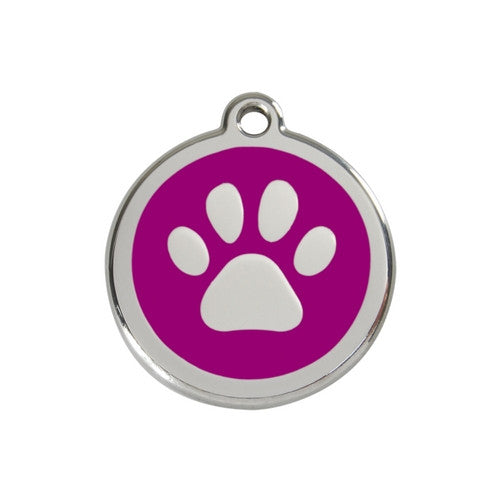 Red Dingo Paw Print Enamel Stainless Steel Dog ID Tag Purple Medium