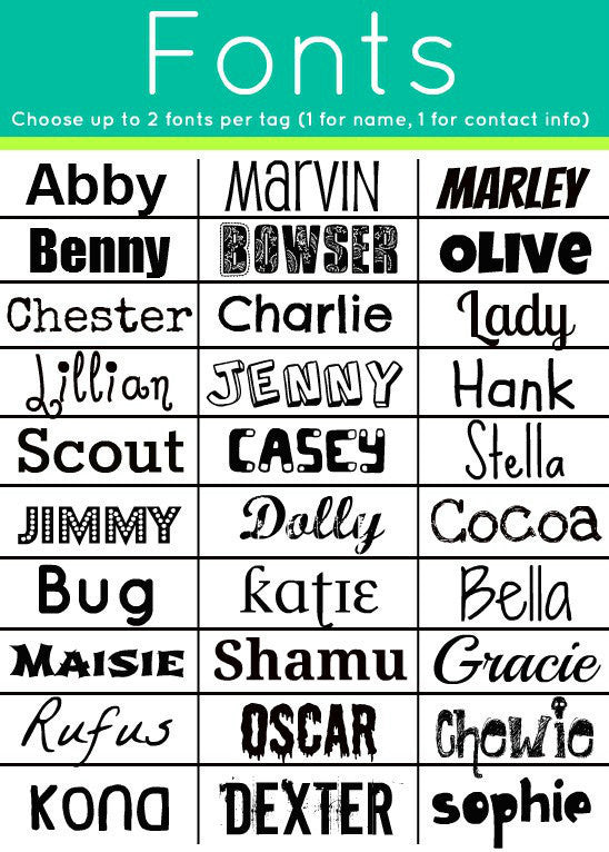 Sofa City Sweethearts Dog ID Tag Font Options