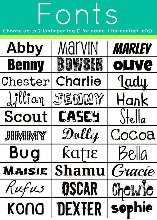 Sofa City Sweethearts Dog ID Tag Font Options
