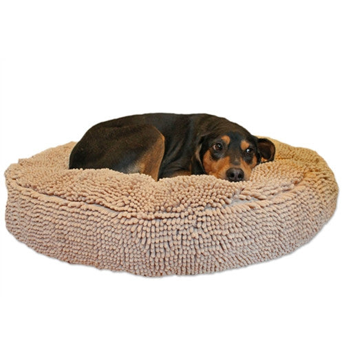 Soggy Doggy Super Snoozer Microfiber Chenille Round Dog Bed — Beige with Dog