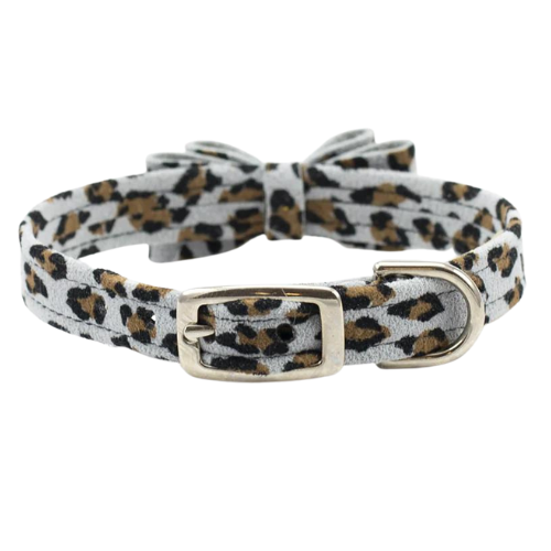 Susan Lanci Designs Jungle Big Bow Crystal Dog Collar — Platinum Cheetah Buckle View