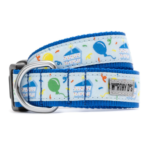 The Worthy Dog Birthday Cake and Balloon Ribbon Nylon Webbing Collar — Blue