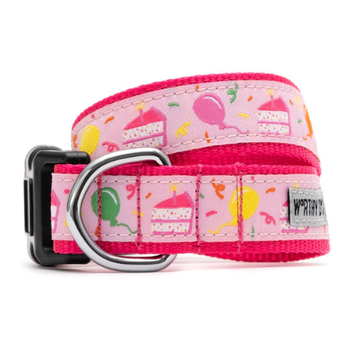 The Worthy Dog Birthday Cake and Balloon Ribbon Nylon Webbing Collar — Pink