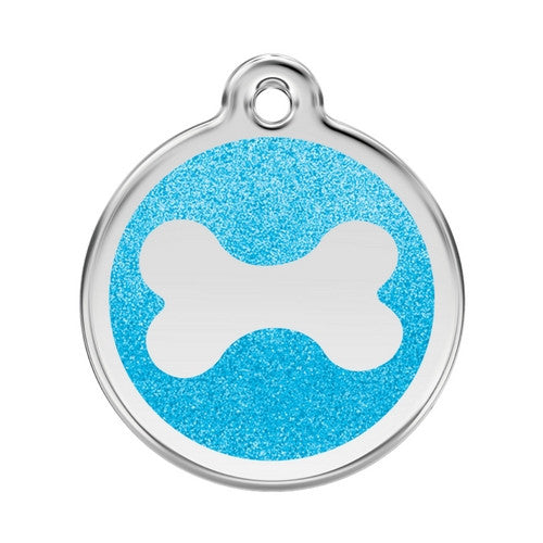 Red Dingo Glitter Bone Stainless Steel Dog ID Tag Large Aqua