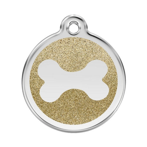 Red Dingo Glitter Bone Stainless Steel Dog ID Tag Large Gold