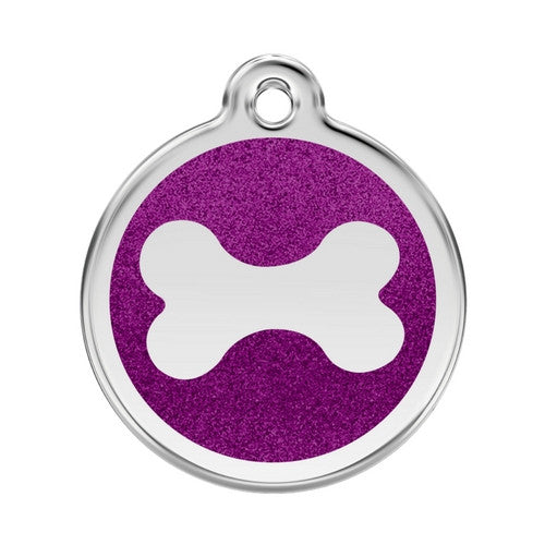 Red Dingo Glitter Bone Stainless Steel Dog ID Tag Large Purple