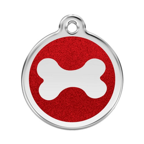 Red Dingo Glitter Bone Stainless Steel Dog ID Tag Large Red