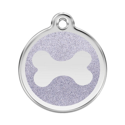 Red Dingo Glitter Bone Stainless Steel Dog ID Tag Large Silver