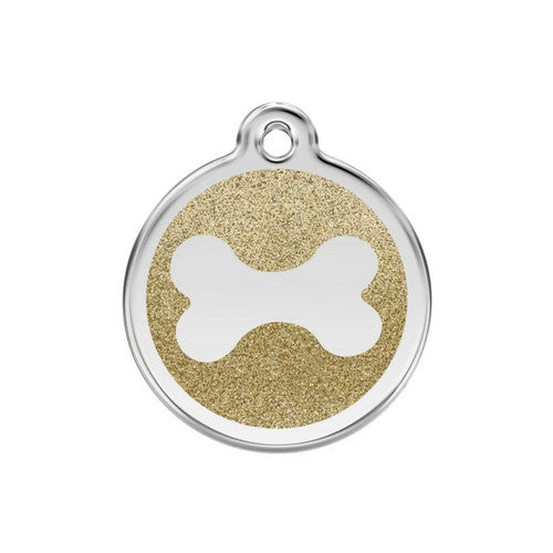 Red Dingo Glitter Bone Stainless Steel Dog ID Tag Medium Gold