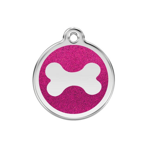 Red Dingo Glitter Bone Stainless Steel Dog ID Tag Medium Hot Pink