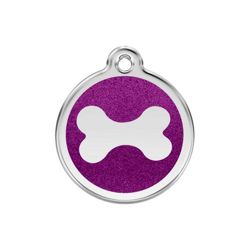 Red Dingo Glitter Bone Stainless Steel Dog ID Tag Medium Purple