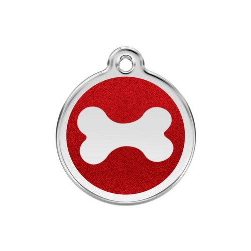 Red Dingo Glitter Bone Stainless Steel Dog ID Tag Medium Red