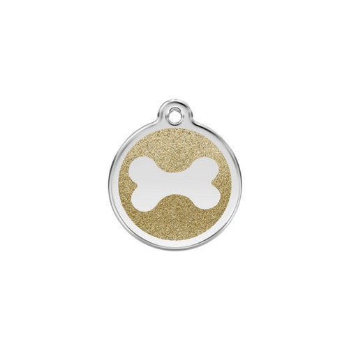 Red Dingo Glitter Bone Stainless Steel Dog ID Tag Small Gold