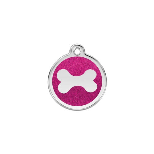 Red Dingo Glitter Bone Stainless Steel Dog ID Tag Small Hot Pink