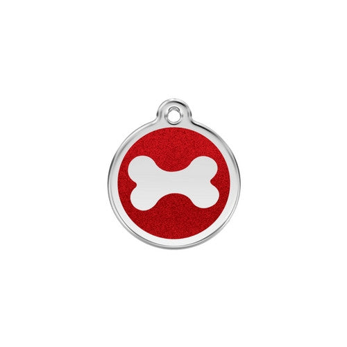 Red Dingo Glitter Bone Stainless Steel Dog ID Tag Small Red
